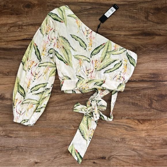 BCBGMAXAZRIA Romantic Linen blend One shoulder Belted Long Sleeve top Size L NWT - Picture 11 of 14